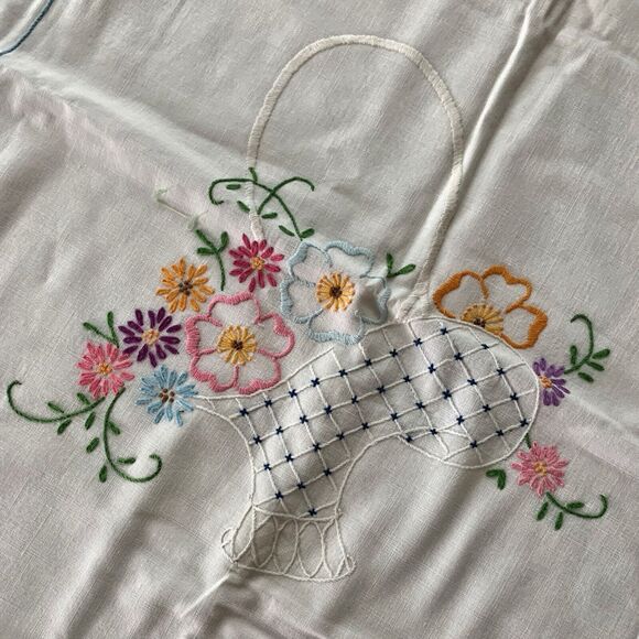 Hand Embroidered Square Tablecloth Cottage Core Crochet Lace Edge Granny Vtg - Picture 2 of 3